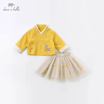 DBM15292 dave bella rudenį kūdikių mergaičių Kinų stiliaus gėlių siuvinėjimas animacinių filmų drabužių rinkiniai vaikams mielas komplektai vaikams 2 vnt kostiumas