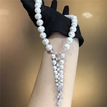 Karšto parduoti naują stilių 43cm 9-10mm baltos spalvos gėlavandenių perlų vėrinį cirkonis priedai megztinis grandinės bižuterijos